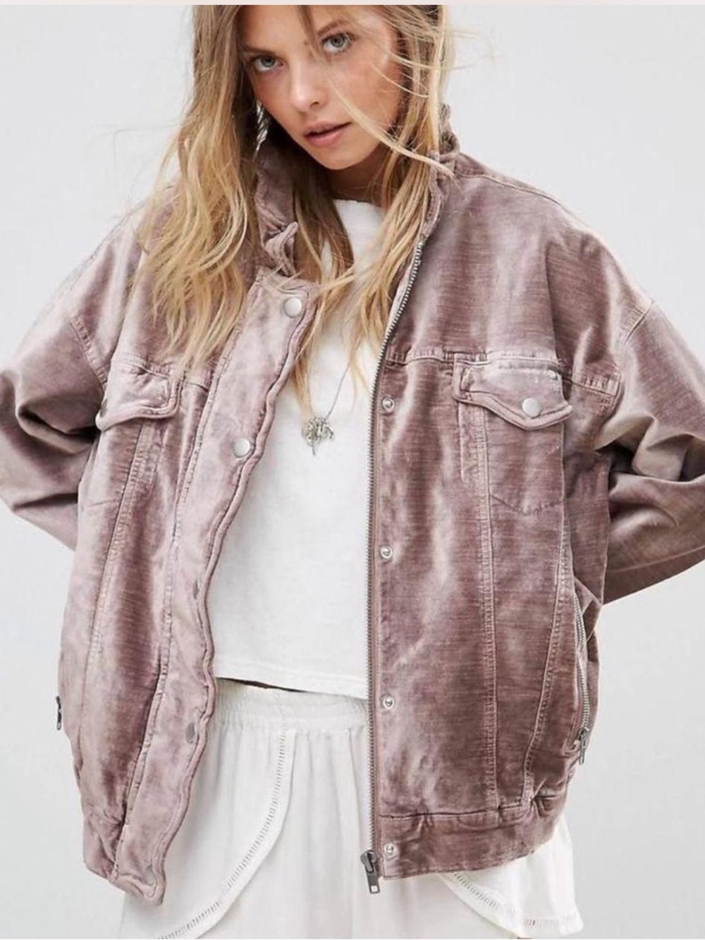 Free People Washed Mauve Velvet Oversized Trucker Boho Jacket
